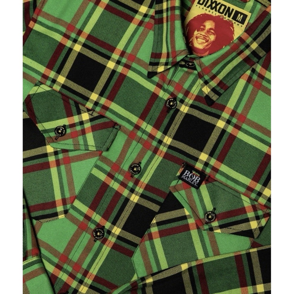 Dixxon Bob Marley Limited Edition Flannel Plaid Button-Up Shirt Green Red XL